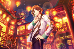 Rule 34 | 1boy, animal print, architecture, bat print, black pants, brown hair, building, cowboy shot, dragon print, earrings, east asian architecture, finger to mouth, game cg, grey eyes, hair between eyes, hand on own hip, highres, house, index finger raised, jacket, jewelry, kotobuki reiji, lantern, lens flare, light particles, looking at viewer, male focus, night, official art, pants, paper lantern, shirt, short hair, single earring, sky, smile, solo, standing, star (sky), starry sky, striped clothes, striped shirt, tassel, tassel earrings, third-party source, two-tone shirt, uta no prince-sama, uta no prince-sama: shining live, white jacket, white shirt