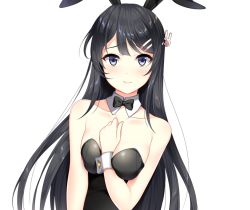 Rule 34 | 1girl, animal ears, arm between breasts, bare shoulders, black bow, black bowtie, black hair, black leotard, blush, bow, bowtie, breasts, closed mouth, collar, collarbone, commentary request, detached collar, dutch angle, fake animal ears, hair ornament, hairclip, hand up, leotard, loading (verjuice), long hair, looking at viewer, medium breasts, playboy bunny, purple eyes, rabbit ears, rabbit hair ornament, sakurajima mai, seishun buta yarou, simple background, solo, strapless, strapless leotard, transparent background, very long hair, white background, white collar, wrist cuffs