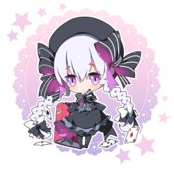 Rule 34 | 10s, 1girl, beret, black bow, black dress, black gloves, black hat, black pantyhose, blush, book, bow, braid, card, chibi, closed mouth, club (shape), commentary request, diamond (shape), doily, doll joints, dress, elbow gloves, fate/extra, fate (series), gloves, gothic lolita, hair between eyes, hair bow, hat, joints, lolita fashion, long hair, low twintails, milkpanda, nursery rhyme (fate), pantyhose, pink eyes, playing card, silver hair, smile, solo, standing, star (symbol), striped, striped bow, twin braids, twintails, very long hair, white background