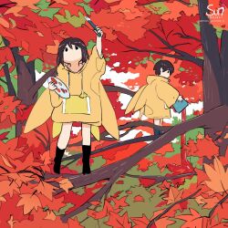 Rule 34 | 1boy, 1girl, artist logo, autumn, autumn leaves, black socks, branch, brown hair, bucket, commentary, english commentary, forest, full body, holding, holding brush, holding bucket, holding palette, hood, hoodie, kneehighs, mimi n, nature, no mouth, no nose, on tree, original, palette (object), patreon username, short hair, socks, standing, tree, yellow hoodie