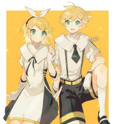 Rule 34 | 1boy, 1girl, aqua eyes, black footwear, black necktie, black ribbon, black shorts, black skirt, blonde hair, bow, dress, erua ( 8eru), hair bow, highres, kagamine len, kagamine rin, knee up, neck ribbon, necktie, open mouth, ribbon, shirt, shoes, short sleeves, shorts, simple background, sitting, skirt, smile, socks, suspender shorts, suspenders, vocaloid, white bow, white dress, white shirt, white socks, yellow background