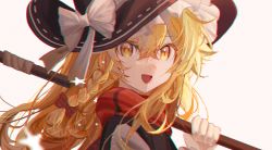 Rule 34 | 1girl, :d, black hat, black vest, blonde hair, bow, braid, broom, coumibuzzbuzz, hair between eyes, hair bow, hat, hat bow, highres, holding, holding broom, kirisame marisa, long hair, looking at viewer, open mouth, portrait, red bow, red scarf, scarf, simple background, single braid, smile, solo, star (symbol), touhou, vest, white background, white bow, yellow eyes