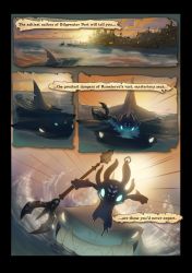 Rule 34 | 1boy, chomper, city, city lights, comic, english text, fizz (league of legends), glowing, glowing eyes, highres, league of legends, monster boy, panorama, polearm, shark, ship, trident, watercraft, weapon