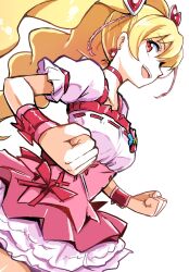 Rule 34 | 1girl, blonde hair, clenched hand, cure peach, dress, earrings, fresh precure!, highres, jewelry, looking at viewer, looking to the side, momozono love, open mouth, pink dress, precure, puffy short sleeves, puffy sleeves, red eyes, short sleeves, smile, solo, teeth, twintails, upper teeth only, uraki, white background