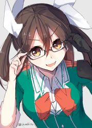 Rule 34 | &gt;:d, 10s, 1girl, :d, bespectacled, black-framed eyewear, black gloves, bow, bowtie, brown hair, elbow gloves, glasses, gloves, hair between eyes, hair ribbon, kantai collection, konkito, long hair, open mouth, orange eyes, ribbon, short sleeves, silver background, simple background, single elbow glove, smile, solo, tone (kancolle), tone kai ni (kancolle), twintails, twitter username, v-shaped eyebrows, white ribbon