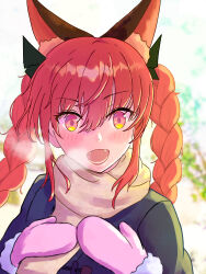 Rule 34 | 1girl, :d, absurdres, alternate costume, animal ears, blush, braid, cat ears, extra ears, fangs, highres, kaenbyou rin, kiritanpo117, mittens, open mouth, orange eyes, red eyes, red hair, scarf, signature, smile, solo, steam from mouth, touhou, tsurime, twin braids, watermark, yellow scarf
