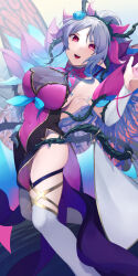Rule 34 | 1girl, :d, absurdres, armpits, bare shoulders, boots, breasts, bridal gauntlets, cleavage, covered navel, facial mark, fairy wings, fire emblem, fire emblem heroes, flower, forehead mark, grey hair, hair flower, hair ornament, highres, ikura (downdexp), large breasts, long hair, looking at viewer, navel, nintendo, official alternate costume, open mouth, pink eyes, plumeria (fire emblem), plumeria (rapturous dream) (fire emblem), pointy ears, ponytail, sideboob, signature, smile, solo, thigh boots, thorns, very long hair, white footwear, wings