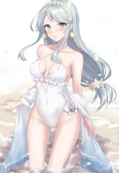 Rule 34 | 1girl, beach, blue eyes, blush, breasts, collarbone, earrings, flower, grey hair, groin, hair flower, hair ornament, highres, jewelry, kantai collection, long hair, medium breasts, monoku, official alternate costume, one-piece swimsuit, open mouth, sagiri (kancolle), sand, simple background, solo, swimsuit, water, white background, white flower, white one-piece swimsuit