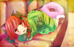Rule 34 | 1girl, animal ears, blush, bow, braid, cat ears, cat girl, cat tail, couch, ema20, fang, female focus, hair bow, kaenbyou rin, looking at viewer, lying, multiple tails, on side, pillow, red eyes, red hair, ribbon, smile, socks, solo, tail, touhou, twin braids, twintails, v arms