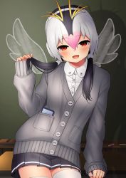 Rule 34 | 1girl, alternate costume, black hair, blonde hair, blush, chalkboard, collared shirt, commentary request, cowboy shot, deku suke, grey skirt, grey sweater, hair between eyes, headphones, highres, kemono friends, long sleeves, looking at viewer, multicolored hair, open mouth, pink hair, playing with own hair, pleated skirt, red eyes, royal penguin (kemono friends), school uniform, shirt, short hair, sitting, skirt, solo, sweater, thighhighs, twintails, white hair, white shirt, white thighhighs, zettai ryouiki