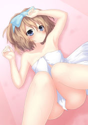 Rule 34 | 1girl, ass, bare legs, blanc (neptunia), blue eyes, blush, breasts, brown hair, collarbone, covering privates, embarrassed, from above, highres, katade, looking at viewer, lying, navel, neptune (series), nude, nude cover, on back, open mouth, small breasts, towel, wet
