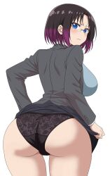 1girl angry ass black_suit blue_cardigan blue_eyes blush breasts brown_hair cameltoe cardigan closed_mouth clothes_lift colored_tips elma_(maidragon) floral_print_panties formal_clothes from_behind highres kobayashi-san_chi_no_maidragon large_breasts looking_at_viewer looking_back multicolored_hair office_lady rimless_eyewear senor_h short_hair simple_background skirt skirt_lift slit_pupils solo suit variant_set white_background