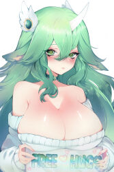 Rule 34 | 1girl, animal ears, bare shoulders, blush, breasts, choker, cleavage, collarbone, english text, fingernails, green choker, green eyes, green hair, hair between eyes, hair ornament, heart, highres, holding, holding sign, horns, large breasts, league of legends, lips, long hair, looking at viewer, nail polish, ririsaurus, shiny skin, sign, simple background, single horn, solo, soraka (league of legends), star guardian (league of legends), star guardian soraka, sweater, white background, white horns, wing hair ornament