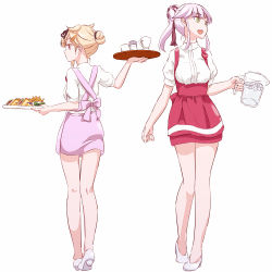 Rule 34 | 10s, 2girls, alternate costume, anna miller, apron, blonde hair, colored eyelashes, contemporary, female focus, food, french fries, from behind, full body, green eyes, hair between eyes, hair bun, hair flaps, hair ornament, hair ribbon, hair up, hairclip, heart, high heels, ice, ice cube, kantai collection, legs, looking to the side, mikeco, miniskirt, multiple girls, name tag, open mouth, pencil skirt, pink hair, pink skirt, pitcher (container), puffy short sleeves, puffy sleeves, red eyes, red skirt, ribbon, sandwich, shirt, shoes, short sleeves, simple background, single hair bun, skirt, smile, tray, underbust, waist apron, waitress, water, white background, white footwear, white shirt, yura (kancolle), yuudachi (kancolle)