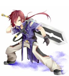Rule 34 | 1boy, chabaneko, highres, male focus, original, red hair, simple background, solo, sword, tarutaru22, tongue, tongue out, weapon, white background, yellow eyes