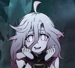 Rule 34 | 1girl, :d, ahoge, bare shoulders, briar (league of legends), drooling, gradient background, grey eyes, grey hair, hands up, imrqueso, league of legends, long hair, open mouth, pointy ears, sharp teeth, shiny skin, smile, solo, teeth, tongue, wrist cuffs