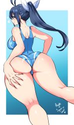 Rule 34 | ass, black hair, blue background, blue eyes, blue one-piece swimsuit, blush, commission, copyright request, feet out of frame, from behind, gradient background, highres, kenron toqueen, long hair, looking at viewer, one-piece swimsuit, ponytail, profile, shadow, smile, solo, swimsuit