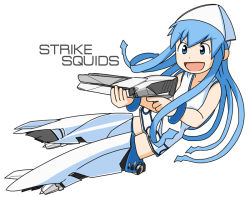 Rule 34 | &gt;:d, 1girl, :d, blue eyes, blue hair, deep-red, english text, gun, ikamusume, matching hair/eyes, open mouth, parody, science fiction, shinryaku! ikamusume, simple background, smile, solo, squid girl, strike witches, striker unit, tentacle hair, v-shaped eyebrows, weapon, white background, world witches series