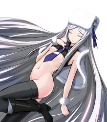 Rule 34 | 10s, 1girl, aegis (nerocc), aoki hagane no arpeggio, black footwear, black thighhighs, boots, breasts, closed eyes, convenient leg, hat, knee boots, long hair, musashi (aoki hagane no arpeggio), no panties, silver hair, simple background, small breasts, solo, thighhighs, underboob, very long hair