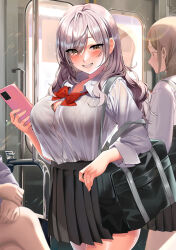 3girls bag black_bag black_skirt blush bow bowtie breasts brown_eyes commentary_request cowboy_shot grin highres holding holding_phone kawai_(purplrpouni) large_breasts long_hair long_sleeves looking_at_viewer multiple_girls original phone pleated_skirt red_bow red_bowtie school_uniform shirt shirt_tucked_in shoulder_bag skirt smile solo_focus standing thighs train white_hair white_shirt