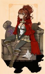 Rule 34 | 1girl, anna (fire emblem), boots, brown eyes, brown hair, cloak, crate, fire emblem, fire emblem awakening, fire emblem fates, highres, long hair, nintendo, sitting, smile, solo, tempenite