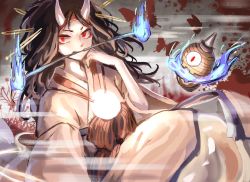 Rule 34 | 1other, androgynous, black hair, candle, fire, fire, ghost, ghost tail, hairband, hemo (hemoroda), horns, japanese clothes, kimono, lamp, len&#039;en, mouth hold, red eyes, short hair, solo, taira no chouki