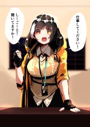 Rule 34 | 1girl, angry, girls&#039; frontline, highres, hood, hooded jacket, id card, jacket, japanese text, looking at viewer, ribbed sweater, ro635 (girls&#039; frontline), sena yuuta, solo, sweater, twitter, upper body