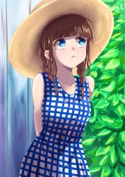 Rule 34 | 1girl, :&lt;, arms behind back, braid, checkered clothes, checkered dress, dress, frown, hat, highres, long bangs, looking up, low twin braids, minase inori, real life, solo, sun hat, syun (syun1202), twin braids, upper body
