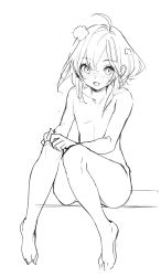 Rule 34 | 1girl, :d, ahoge, barefoot, blush, collarbone, copyright request, full body, greyscale, hair between eyes, highres, looking at viewer, monochrome, nose blush, nude, open mouth, rero (bigdoorbig2), simple background, sketch, smile, solo, white background