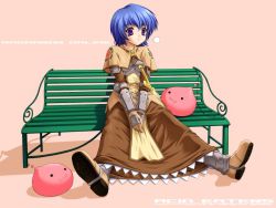 Rule 34 | 1girl, :3, armored boots, bench, blue hair, boots, brown capelet, brown dress, brown footwear, capelet, chest guard, circle name, closed mouth, commentary request, copyright name, dress, expressionless, floral print, frilled dress, frills, full body, gauntlets, kazuma muramasa, pink background, poring, purple eyes, ragnarok online, rose print, short hair, sitting, slime (creature), sword, swordsman (ragnarok online), watermark, weapon, web address
