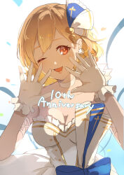 Rule 34 | 1girl, anniversary, arms up, bare shoulders, blonde hair, blue bow, blush, bow, breasts, choker, cleavage, collarbone, djeeta (granblue fantasy), double-parted bangs, dress, dress bow, earrings, gloves, granblue fantasy, highres, ikenotori, jewelry, looking at viewer, one eye closed, red eyes, short hair, solo, strapless, strapless dress, upper body, white choker, white dress, white gloves
