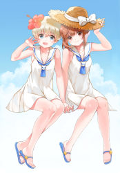 Rule 34 | 10s, 2girls, :d, adjusting clothes, adjusting headwear, alternate costume, alternate headwear, arm up, bad id, bad pixiv id, bare legs, blonde hair, blue eyes, blue sky, blunt bangs, blush, bow, breasts, brown hair, casual, cleavage, closed mouth, cloud, collarbone, day, dress, flower, fumako, hair flower, hair ornament, hand on headwear, hat, hat bow, head tilt, hibiscus, holding hands, interlocked fingers, invisible chair, kantai collection, looking at viewer, multiple girls, no socks, open mouth, red eyes, sailor dress, sandals, short hair, sitting, sky, sleeveless, sleeveless dress, small breasts, smile, straw hat, sundress, tareme, waving, white bow, white dress, z1 leberecht maass (kancolle), z3 max schultz (kancolle)
