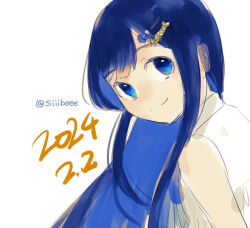 Rule 34 | 1girl, blue eyes, blue hair, cevio, closed mouth, collared dress, colored inner hair, dated, dress, futaba minato, hair ornament, hairclip, long hair, looking at viewer, multicolored hair, shiibe (siiibeee), sidelocks, simple background, sketch, sleeveless, sleeveless dress, smile, solo, twitter username, white background, white dress