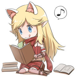 Rule 34 | 1girl, :q, animal ear fluff, animal ears, belt, blonde hair, blush, book, boots, bra strap, brown belt, brown footwear, camouflage, camouflage scarf, camouflage shorts, cat ears, chibi, closed mouth, commentary request, fingerless gloves, full body, gloves, holding, holding book, long hair, musical note, natsuya (kuttuki), open book, pointy ears, pouch, ragnarok online, ranger (ragnarok online), reading, red scarf, red shorts, red tube top, scarf, shorts, simple background, smile, solo, spoken musical note, strapless, swept bangs, thighhighs, tongue, tongue out, tube top, white background