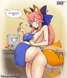 Rule 34 | absurdres, animal ears, apron, breasts, emoji, fang, fate/extra, fate (series), fox ears, fox tail, hair ribbon, highres, holding, holding ladle, ladle, large breasts, looking at viewer, naked apron, nipple slip, nipples, open mouth, outie navel, pregnant, ribbon, tail, tamamo (fate), tamamo no mae (fate/extra), teasing, tongue, tongue out, tsukijitums