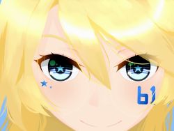 Rule 34 | 10s, 1girl, biophile ac, blonde hair, blue eyes, close-up, closed mouth, hair between eyes, iowa (kancolle), kantai collection, smile, solo, star-shaped pupils, star (symbol), star tattoo, symbol-shaped pupils, tattoo