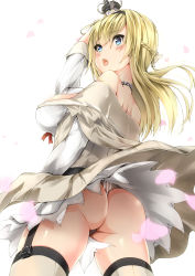 Rule 34 | 10s, 1girl, ass, bare shoulders, blonde hair, blue eyes, blush, braid, breasts, cowboy shot, crown, dress, french braid, from below, garter straps, grey panties, hair between eyes, hairband, highres, jewelry, kantai collection, kuon (break through), large breasts, long hair, long sleeves, looking back, mini crown, necklace, off shoulder, open mouth, panties, simple background, solo, thighhighs, thong, underwear, warspite (kancolle), white background, wind, wind lift
