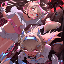 Rule 34 | 3girls, animal ear fluff, animal ears, belt, black collar, black jacket, blonde hair, blue eyes, blue hair, blush, breasts, brown coat, cleavage, cleavage cutout, clothing cutout, coat, collar, cropped shirt, crossed bangs, deerstalker, dog ears, dog girl, dog tail, dress, fake claws, fang, flat chest, frilled shorts, frills, fur-trimmed jacket, fur trim, fuwawa abyssgard, fuwawa abyssgard (1st costume), hair ornament, hairpin, hat, highres, holding trident, hololive, hololive english, jacket, large breasts, long hair, looking at viewer, medium hair, mococo abyssgard, mococo abyssgard (1st costume), multicolored hair, multiple girls, necktie, open mouth, pink belt, pink eyes, pink hair, red necktie, shirt, shoes, short shorts, shorts, siblings, sidelocks, single fishnet legwear, sisters, sneakers, spiked collar, spikes, streaked hair, tail, tears, twins, two side up, unmi, virtual youtuber, watson amelia, watson amelia (1st costume), white dress, white footwear, white shirt, white shorts, x hair ornament
