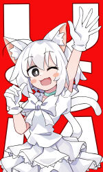 Rule 34 | 1girl, absurdres, animal ear fluff, animal ears, arm up, black eyes, blush stickers, borrowed character, bow, bowtie, cat ears, cat girl, cat tail, choker, collarbone, cowboy shot, frilled skirt, frills, gloves, green choker, hand up, highres, karameru (character), kurogane vipers, looking at viewer, making-of available, medium hair, one eye closed, open hand, original, personification, red background, shirt, short sleeves, skirt, solo, tail, white bow, white bowtie, white gloves, white hair, white shirt, white skirt