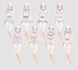 Rule 34 | 1girl, alternate costume, azur lane, bare arms, bare shoulders, bikini, blunt bangs, border, bow, bow bikini, braid, breasts, character sheet, choker, cleavage, closed mouth, collarbone, criss-cross halter, cross, crown braid, detached collar, frilled bikini, frills, full body, green bikini, green ribbon, grey background, hair ornament, hair ribbon, halterneck, highres, large breasts, legs, long hair, long sleeves, looking at viewer, midriff, multiple views, navel, official alternate costume, ohisashiburi, outline, pink bikini, pink bow, pink choker, pink ribbon, pink sailor collar, plymouth (azur lane), plymouth (heart-throbbing refreshment) (azur lane), purple eyes, purple hair, ribbon, ribbon-trimmed bikini, sailor collar, sandals, shirt, side-tie bikini bottom, simple background, sleeves past wrists, smile, standing, stomach, swimsuit, thighs, twin braids, twintails, variations, white bikini, white border, white footwear, white outline, white shirt