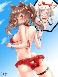Rule 34 | 0 0, 2girls, ?, angelina (arknights), animal ears, arknights, ass, bare arms, bare shoulders, bikini, black collar, blue sky, blush, braid, brown hair, chibi, cloud, collar, commentary, cowboy shot, day, fox ears, hair between eyes, hairband, highres, horns, kuro neko 7, long hair, looking at viewer, multiple girls, navel, nian (arknights), orange eyes, outdoors, pointy ears, red bikini, red hairband, silver hair, sky, standing, stomach, swimsuit, tail, thigh strap, thighs, twintails, v-shaped eyebrows, wristband