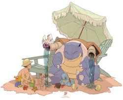 Rule 34 | 1boy, artist name, barefoot, blastoise, brown hair, bucket, chair, claws, closed eyes, commentary, creatures (company), dwebble, english commentary, francesco di mauro, game freak, gen 1 pokemon, gen 3 pokemon, gen 5 pokemon, hat, highres, krabby, lounge chair, male focus, nintendo, omanyte, pokemon, pokemon (creature), pouring, sand, sand bucket, sand castle, sand sculpture, shellder, short hair, shorts, sitting, squatting, squirtle, staryu, toes, topless male, water, wingull, yellow headwear, yellow shorts