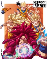 1boy arii_me05 aura black_hair blonde_hair body_fur border commentary dougi dragon_ball dragon_ball_daima green_eyes highres long_hair male_focus monkey_boy monkey_tail muscular muscular_male orange_pants pants red_eyes red_fur red_hair saiyan solo son_goku spiked_hair super_saiyan super_saiyan_1 super_saiyan_2 super_saiyan_3 super_saiyan_4 tail white_border