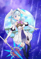Rule 34 | 1girl, agasa (agasaillust), aqua eyes, blue eyes, energy spear, energy weapon, feet out of frame, head wings, holding, holding staff, juliet sleeves, long sleeves, melia antiqua, meteor shower, nintendo, o-ring, puffy sleeves, silver hair, solo, staff, thighhighs, twitter username, wings, xenoblade chronicles (series), xenoblade chronicles 1