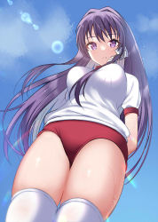 Rule 34 | 1girl, blue sky, bow, breasts, buruma, clannad, cloud, commentary request, day, floating hair, from below, fujibayashi kyou, gym shirt, gym uniform, hair bow, long hair, looking at viewer, looking down, medium breasts, minatoasu, outdoors, puffy short sleeves, puffy sleeves, purple eyes, purple hair, red buruma, shirt, short sleeves, sky, sweat, thighhighs, thighs, very long hair, white bow, white shirt, white thighhighs