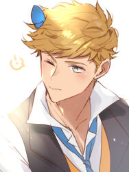 Rule 34 | 1boy, black vest, blonde hair, blue butterfly, blush, bug, butterfly, closed mouth, collared shirt, granblue fantasy, green eyes, higashigunkan, insect, male focus, necktie, official alternate costume, one eye closed, shirt, short hair, simple background, solo, vane (granblue fantasy), vane (the dragon knights) (granblue fantasy), vest, white background, white shirt