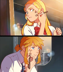 Rule 34 | 1boy, 1girl, 2koma, blonde hair, blue eyes, bow, bowtie, braid, collared shirt, comic, crown braid, drawing on own face, green eyes, hair ornament, hairclip, highres, kimi no na wa., link, long hair, necktie, nintendo, ponytail, portrait, princess zelda, red bow, red bowtie, shirt, striped necktie, the legend of zelda, the legend of zelda: breath of the wild, translation request, white shirt, ynartistic