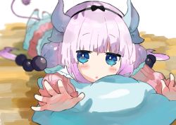 Rule 34 | 1girl, black bow, blue eyes, blurry, blurry background, blush, blush stickers, bow, commentary request, dragon horns, dragon tail, fingernails, highres, hojhcwqlwrfrvnk, horns, kanna kamui, kobayashi-san chi no maidragon, light purple hair, long hair, lying, multiple horns, on stomach, open hands, open mouth, pillow, purple hair, skirt, solo, tail, thighhighs, twintails, white thighhighs, wooden floor