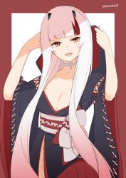 Rule 34 | 1girl, breasts, cleavage, collarbone, eyelashes, japanese clothes, kichihachi, long hair, looking at viewer, medium breasts, multicolored hair, solo, tongue, tongue out, very long hair, white hair