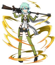 Rule 34 | 1girl, :d, absurdres, anti-materiel rifle, black footwear, black gloves, black shorts, blue eyes, blue hair, bolt action, breasts, cleavage, fingerless gloves, full body, gloves, green jacket, green legwear, gun, hair between eyes, hair ornament, hairclip, highres, holding, holding gun, holding weapon, jacket, long sleeves, official art, open clothes, open jacket, open mouth, pgm hecate ii, rifle, scarf, short hair with long locks, short shorts, shorts, sidelocks, sinon, small breasts, smile, sniper rifle, solo, sword art online, sword art online: memory defrag, transparent background, weapon, white scarf